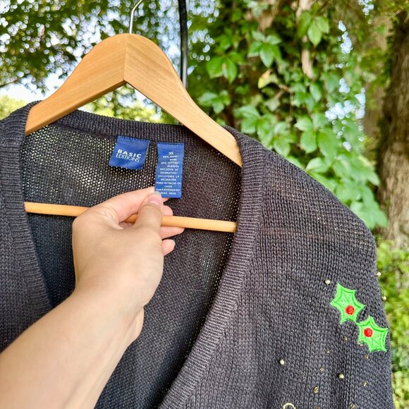 Vintage 90's Basic Editions Black Bedazzled Christmas Sweater Cardigan 3XL - Picture 3 of 7